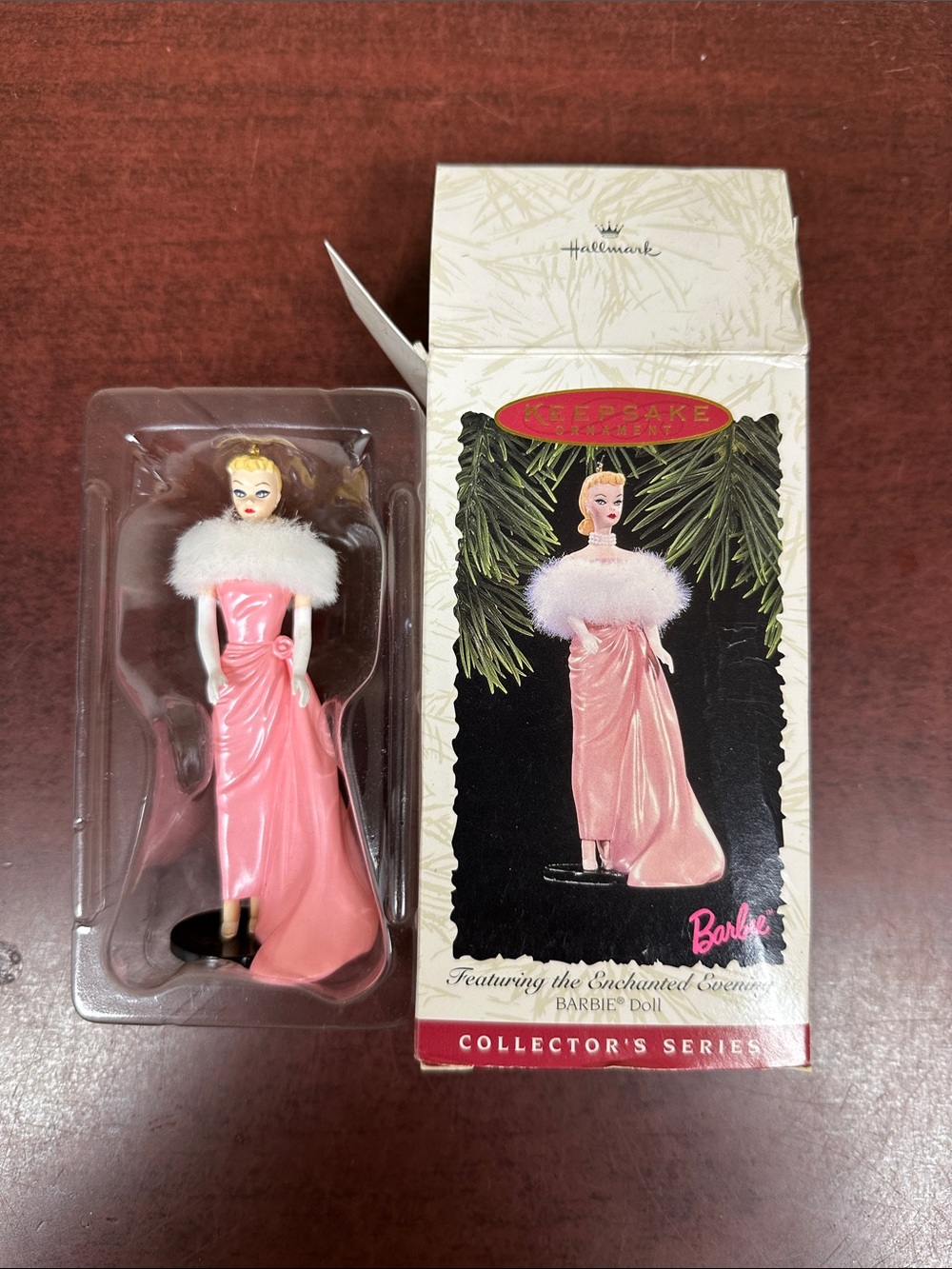 ##102, Barbie Pink Maxi Gown Ornament with White Fur Trim